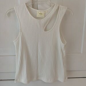 Anthropologie White Sleeveless Ribbed Tank Top with Cut Out Detail